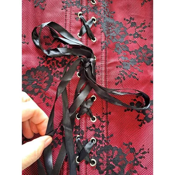 Gothic Red & Black Lace Off-Shoulder Corset Top Bell Sleeves Bustier Blouse 7XL - Picture 4 of 12